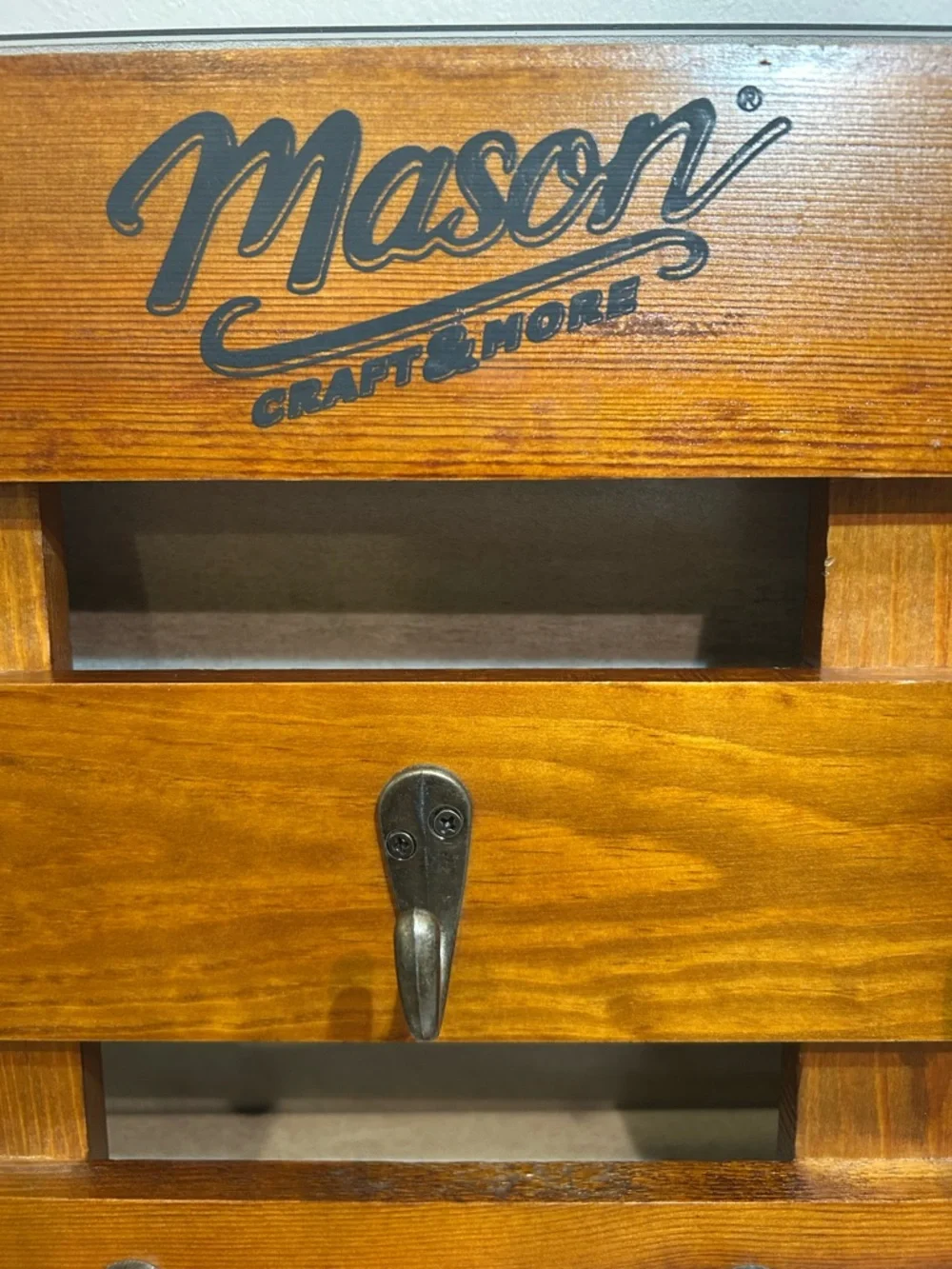 Mason Rustic Wooden Wall Rack with Dark Metal Hooks